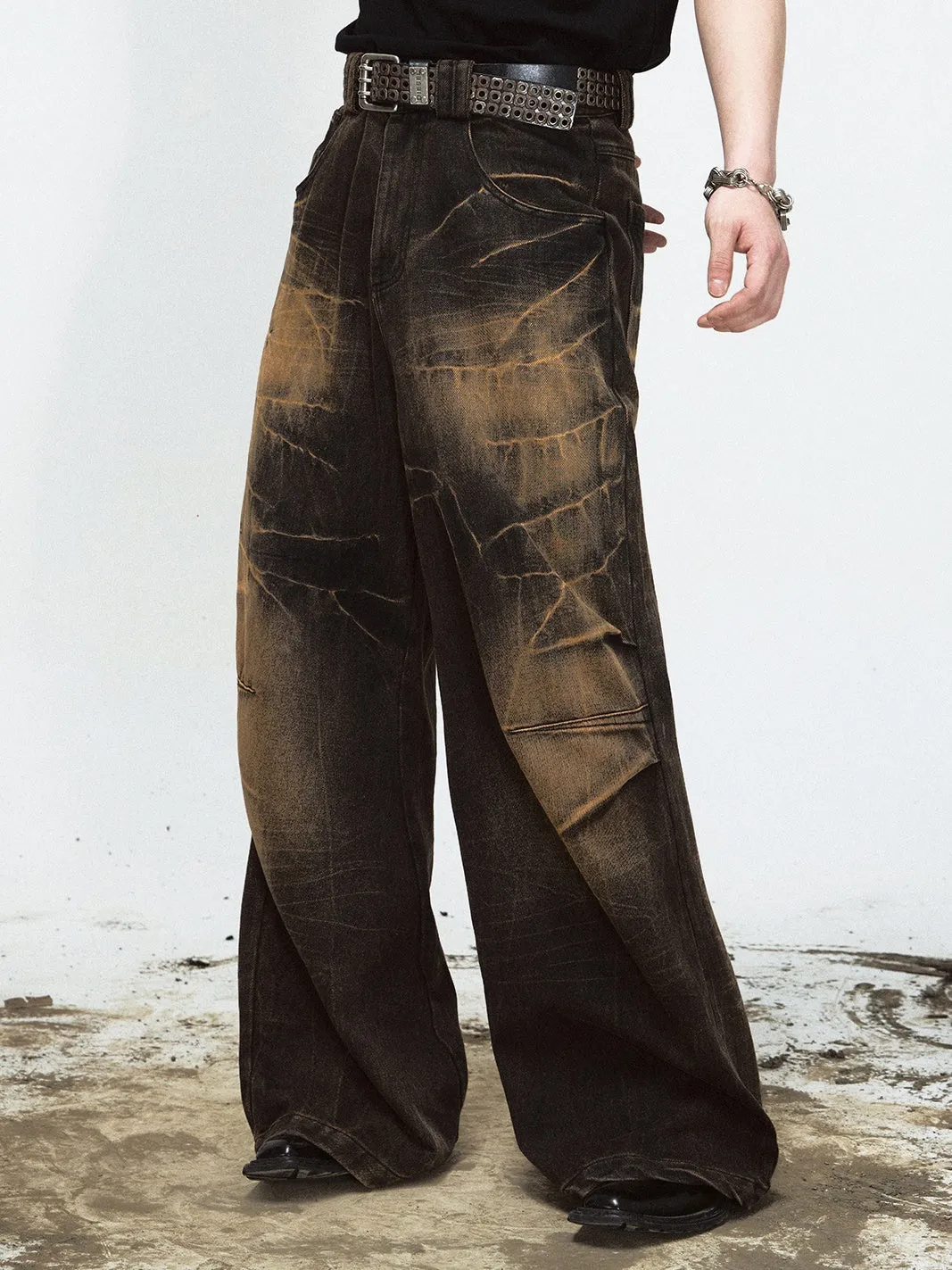 Yellow Mud-dyed Lightning Crack Wide-leg Jeans