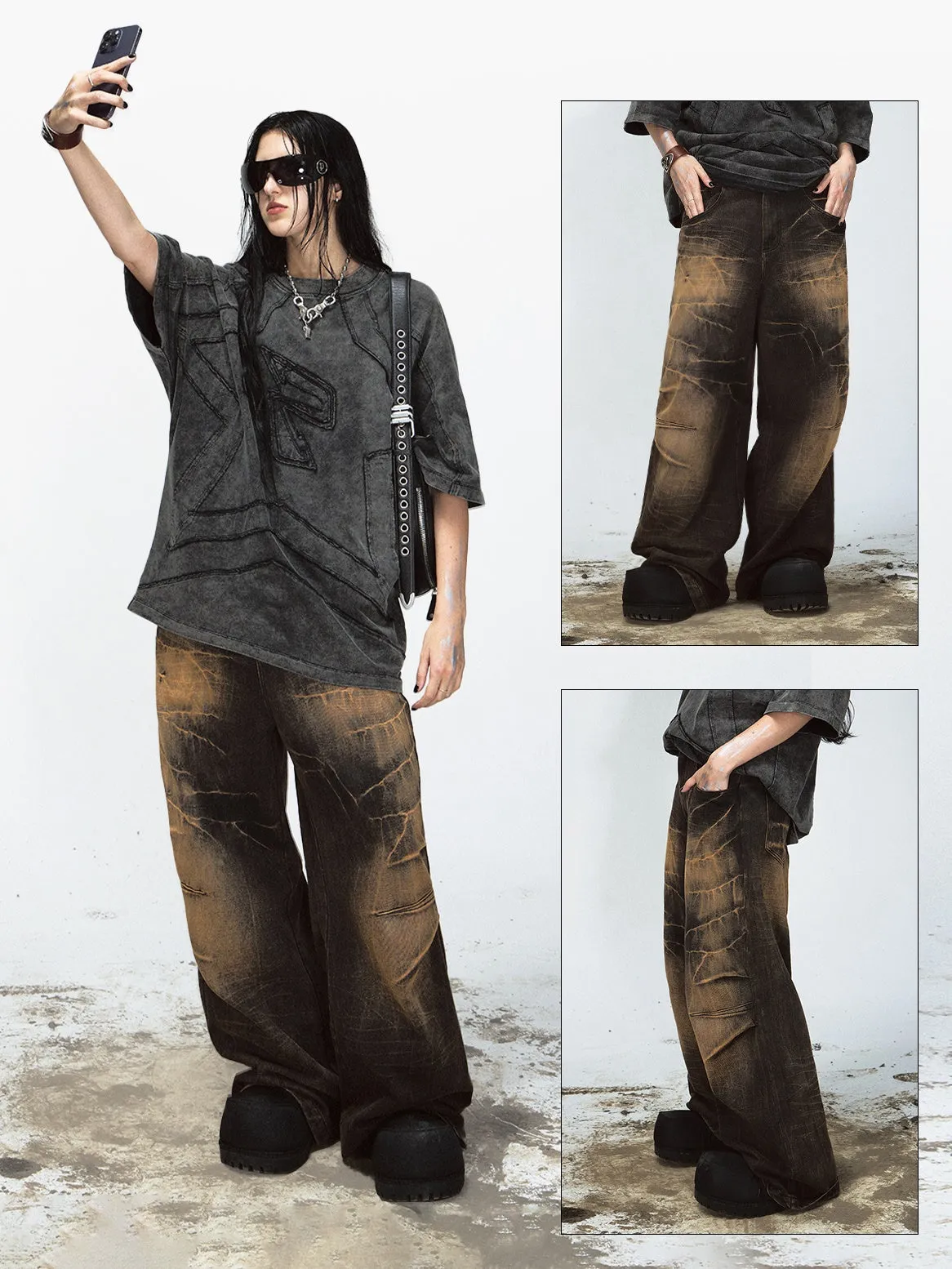 Yellow Mud-dyed Lightning Crack Wide-leg Jeans