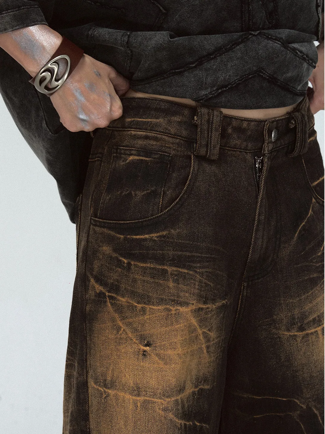 Yellow Mud-dyed Lightning Crack Wide-leg Jeans