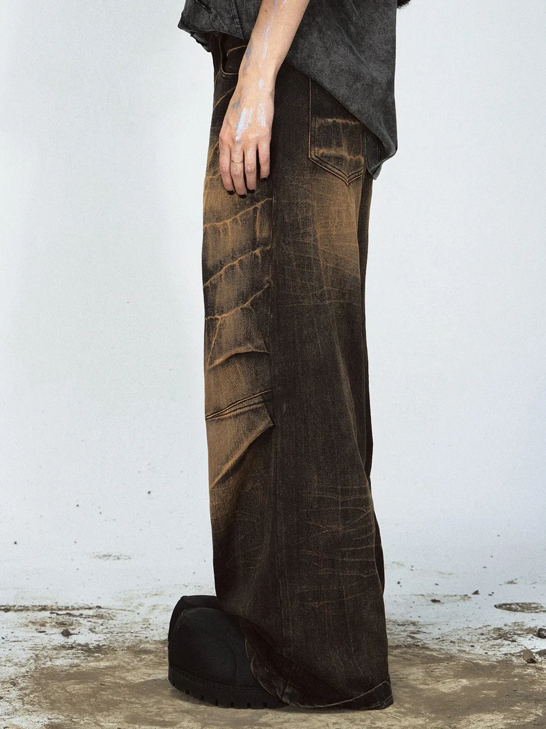 Yellow Mud-dyed Lightning Crack Wide-leg Jeans