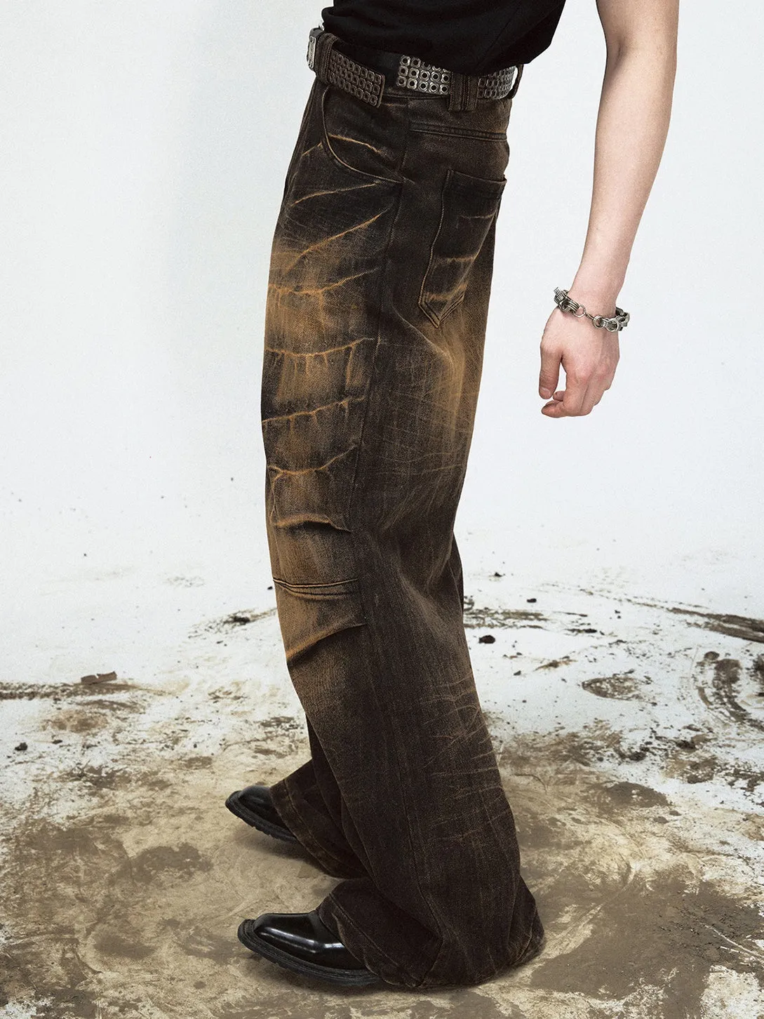 Yellow Mud-dyed Lightning Crack Wide-leg Jeans