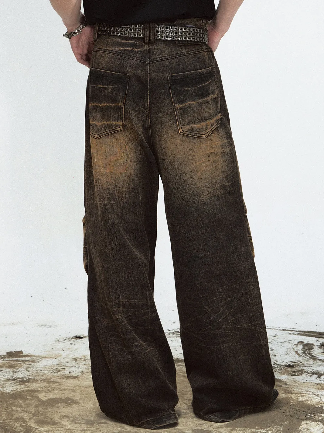 Yellow Mud-dyed Lightning Crack Wide-leg Jeans