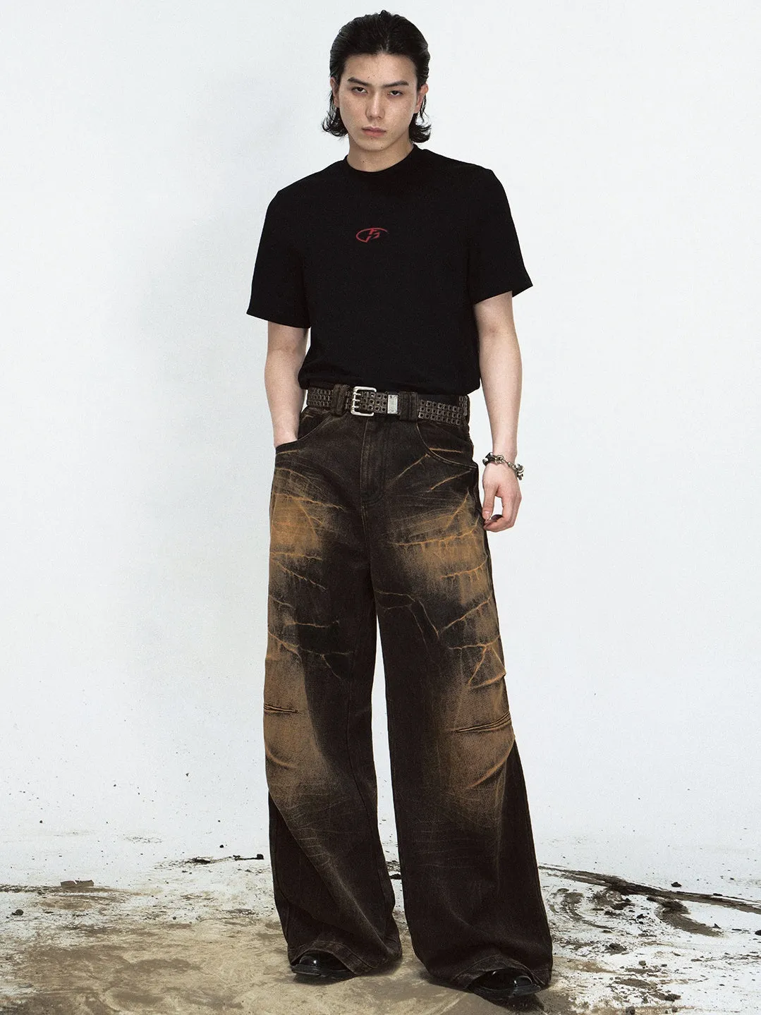 Yellow Mud-dyed Lightning Crack Wide-leg Jeans